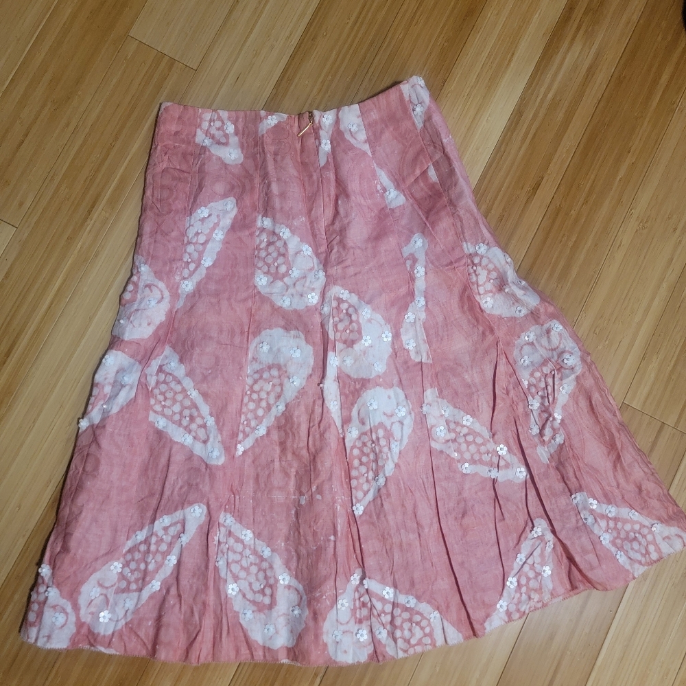 TORY BURCH Pink White Print Beaded Floral A-Line Skirt 10 (Medium)